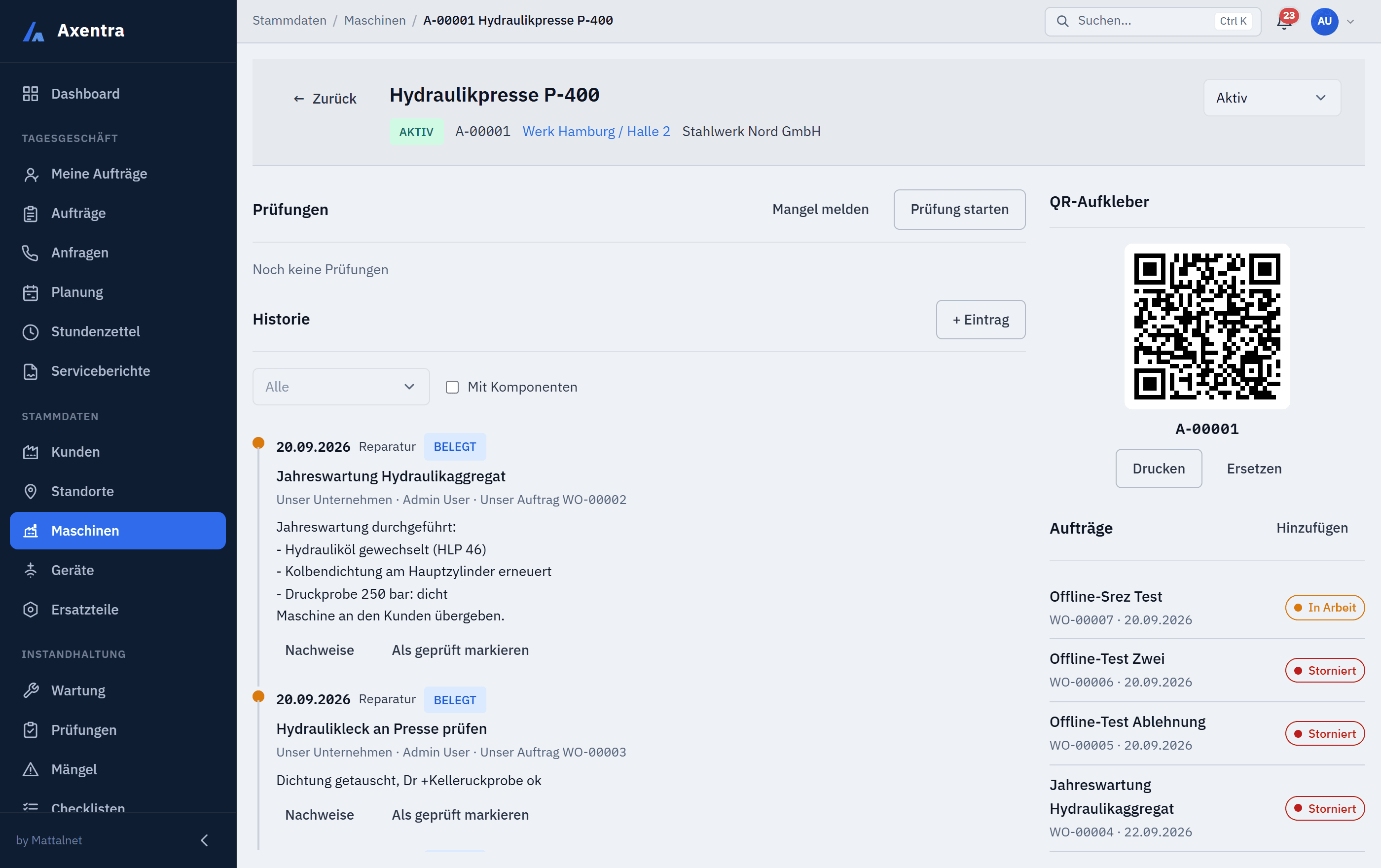 Maschinenakte mit Historie, Prüfungen und QR-Aufkleber